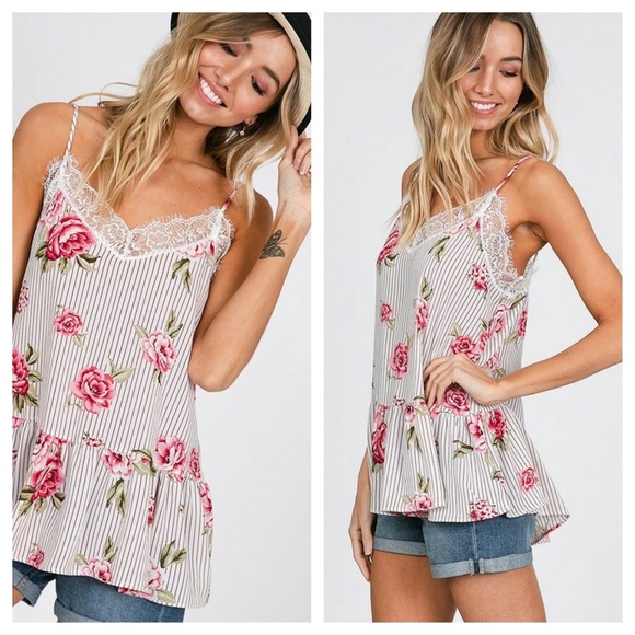 Floral Striped Lace Drop Waist Tank - Picture 2 of 4